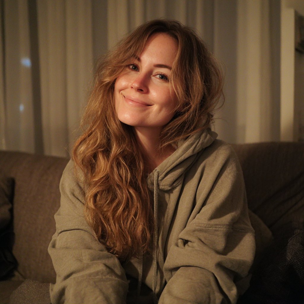 A woman sitting on a couch in a hoodie | Source: Midjourney