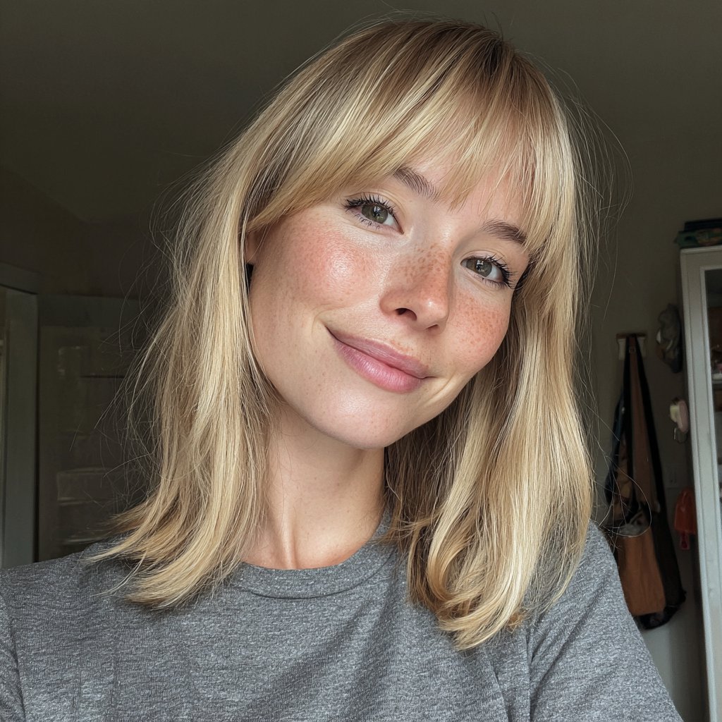 A smiling woman wearing a gray t-shirt | Source: Midjourney