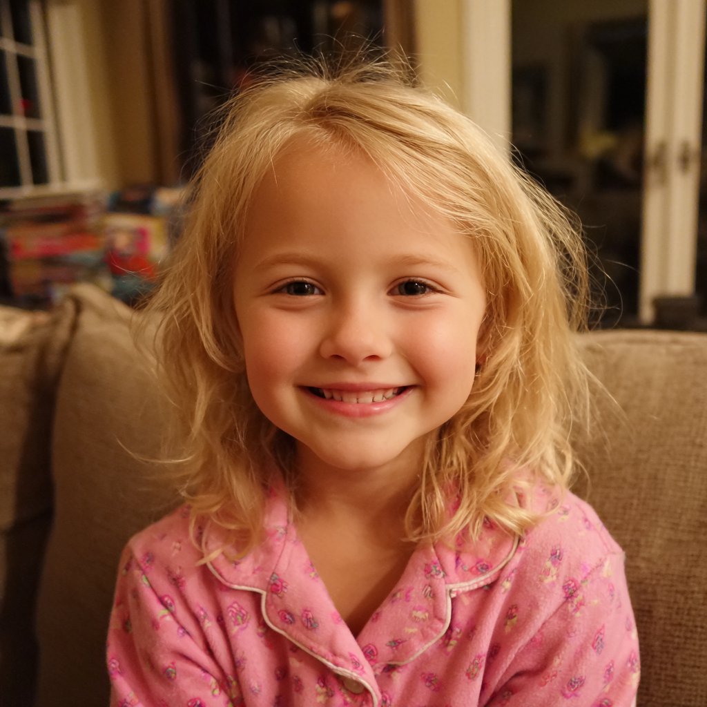A smiling little girl in her pajamas | Source: Midjourney