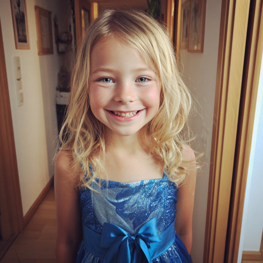 A happy little girl in a blue dress | Source: Midjourney