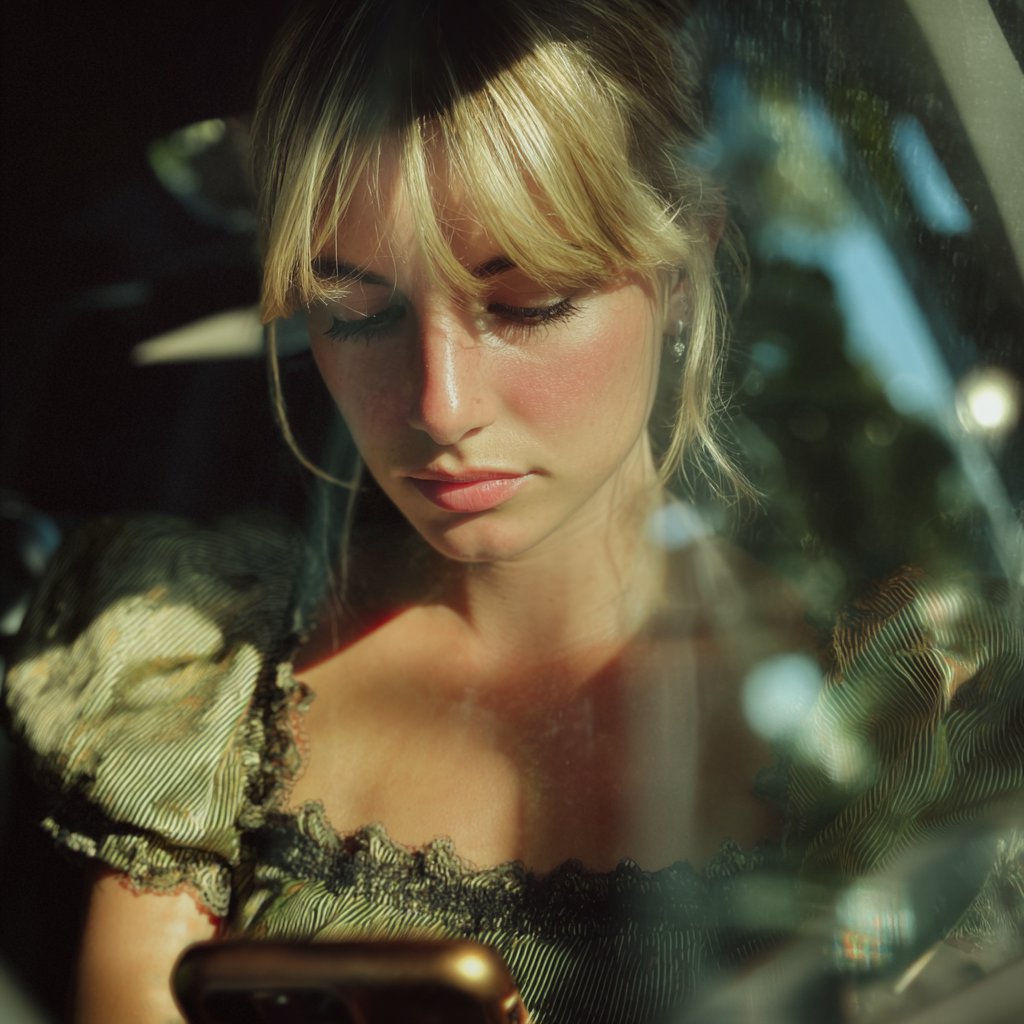 A woman using a cellphone in a car | Source: Midjourney