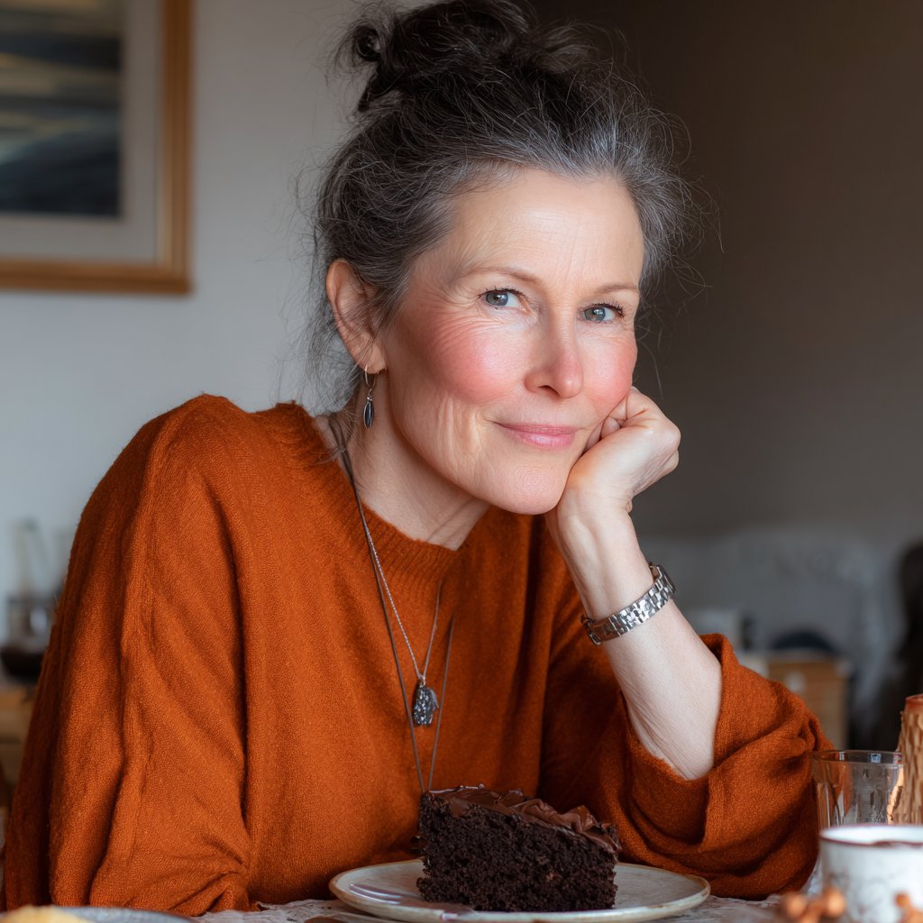 An older woman sitting at a table with a slice of cake | Source: Midjourney