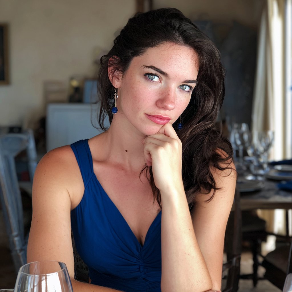 A woman sitting at a dining table in a blue dress | Source: Midjourney