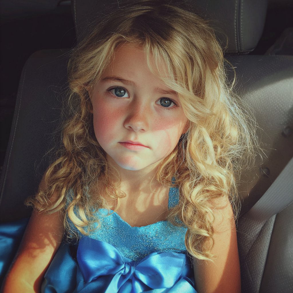 A sad little girl sitting in a car | Source: Midjourney