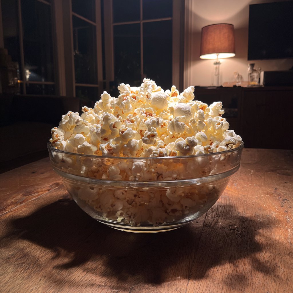 A bowl of popcorn on a table | Source: Midjourney
