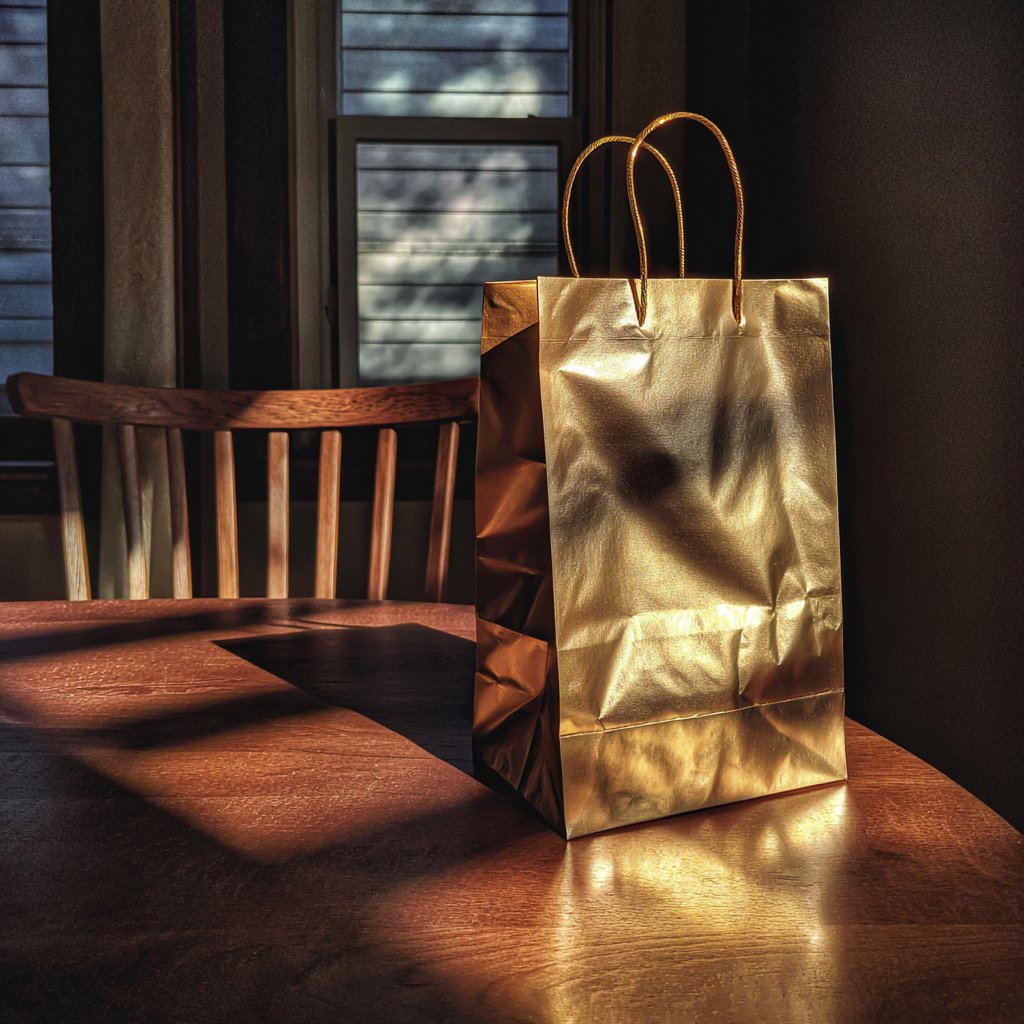 A gold gift bag on a table | Source: Midjourney