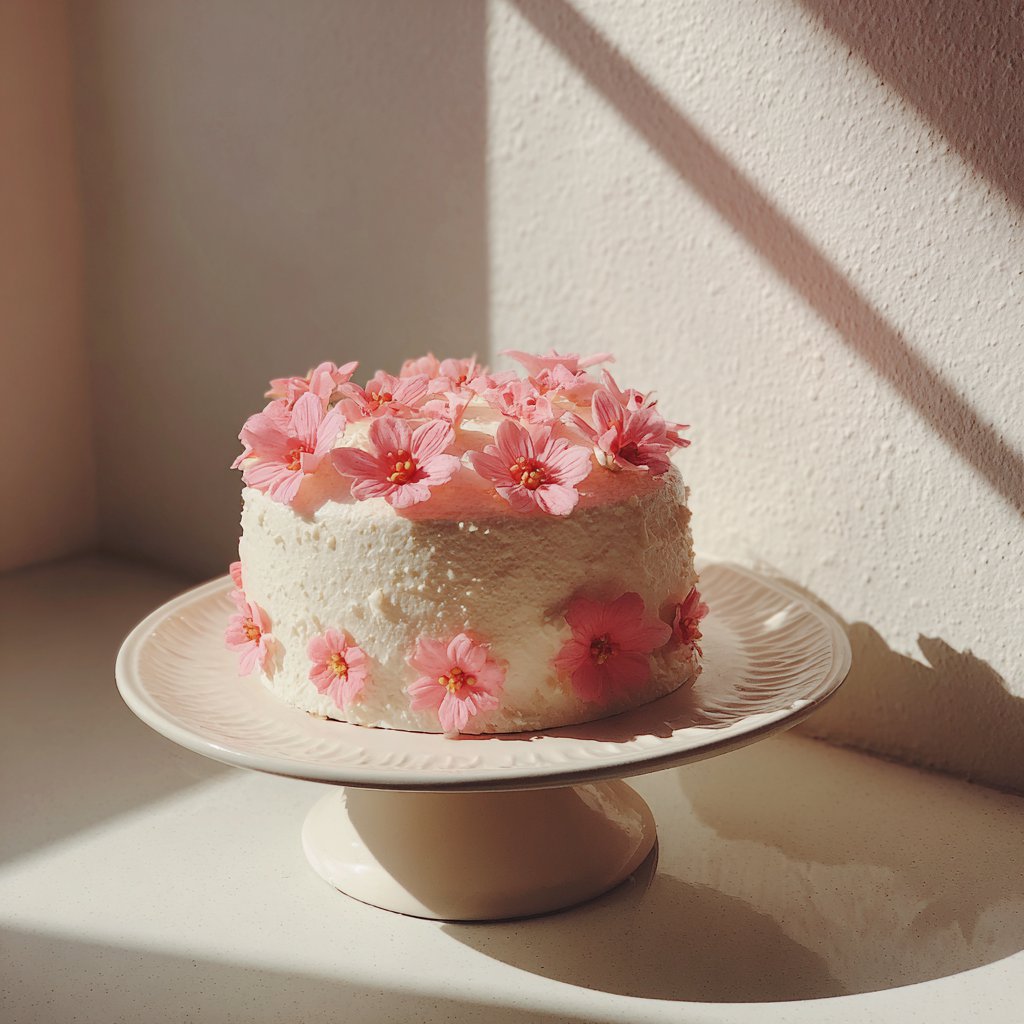 A pink and white birthday cake | Source: Midjourney
