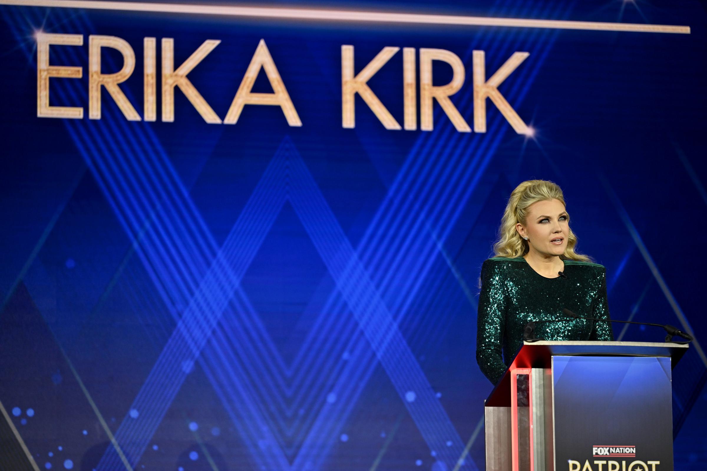 Erika Kirk accepts the inaugural Charlie Kirk Legacy Award onstage during the Fox Nation Patriot Awards on November 6, 2025 | Source: Getty Images