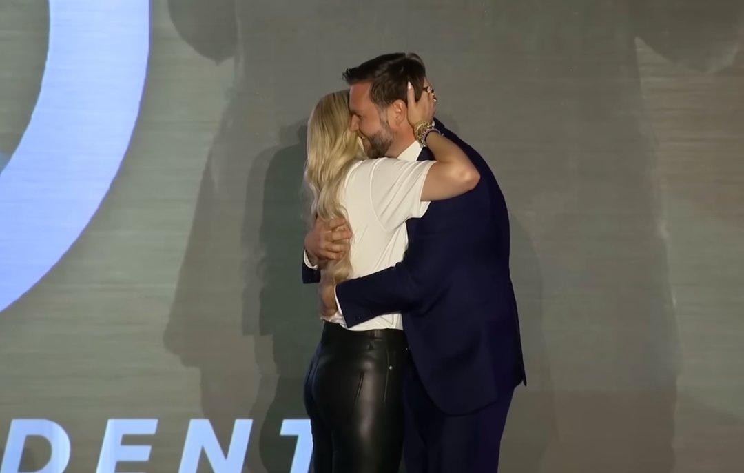 Erika Kirk and U.S. Vice President JD Vance exchanging a hug and some words during the Turning Point USA event, posted on November 3, 2025. | Source: YouTube/11Alive