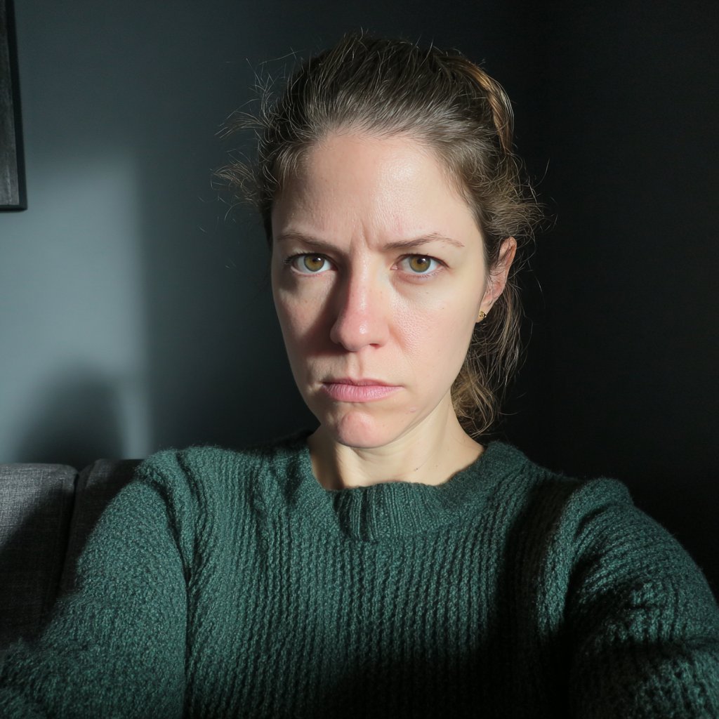 A frowning woman wearing a green sweater | Source: Midjourney