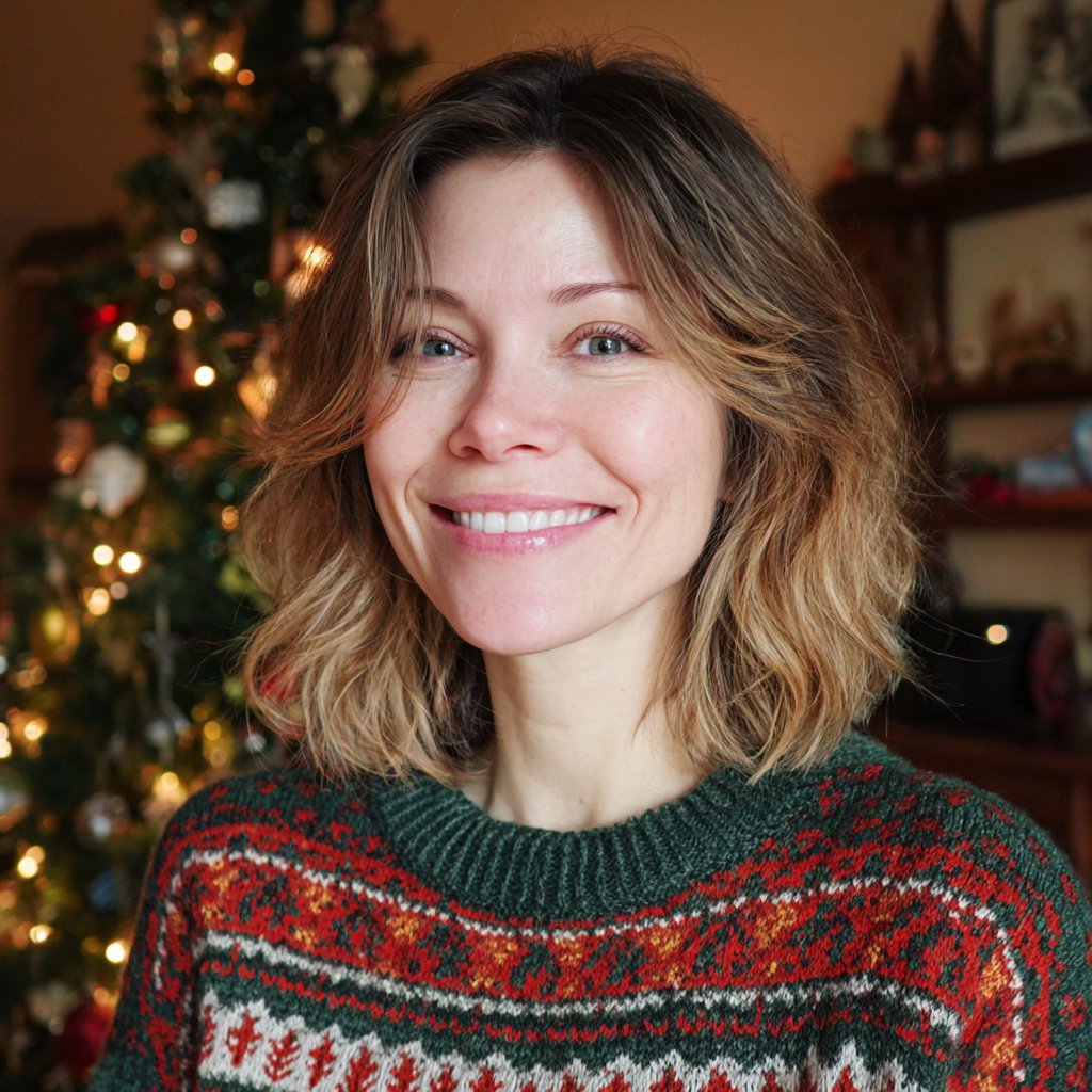 A smiling woman wearing a Christmas sweater | Source: Midjourney