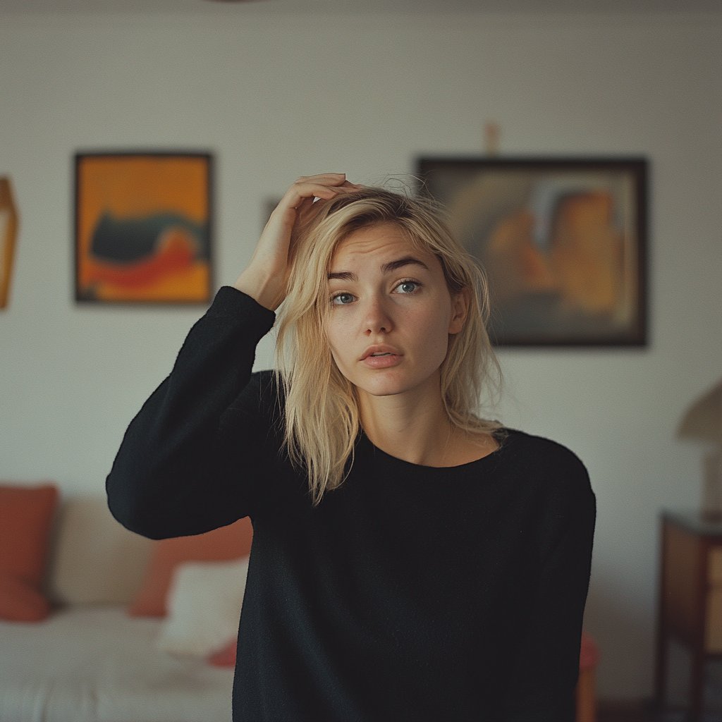 A puzzled woman in the living room | Source: Midjourney