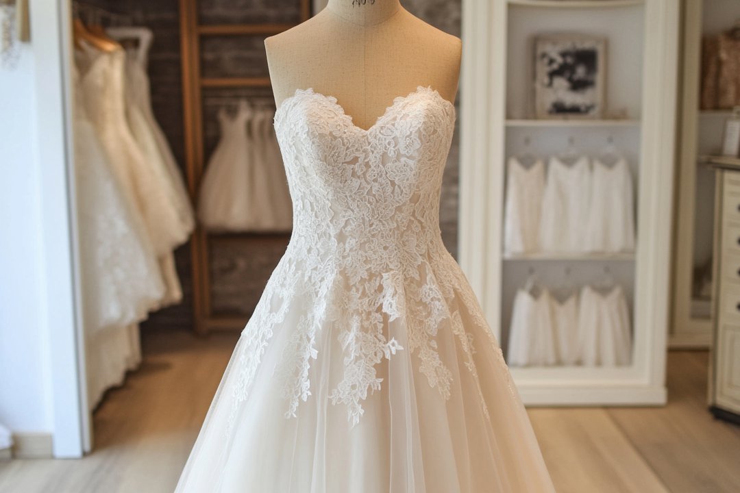 A wedding dress on display in a store | Source: Midjourney