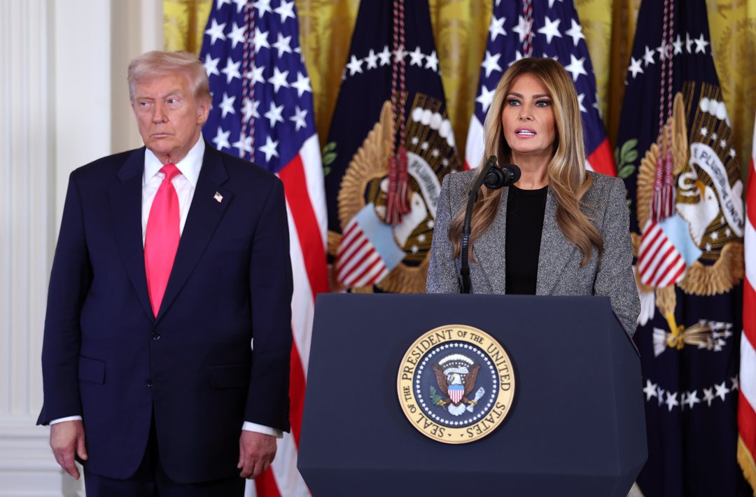 First Lady Melania Trump speaks alongside President Donald Trump during an executive order signing in the East Room of the White House in Washington, DC, on November 13, 2025 | Source: Getty Images