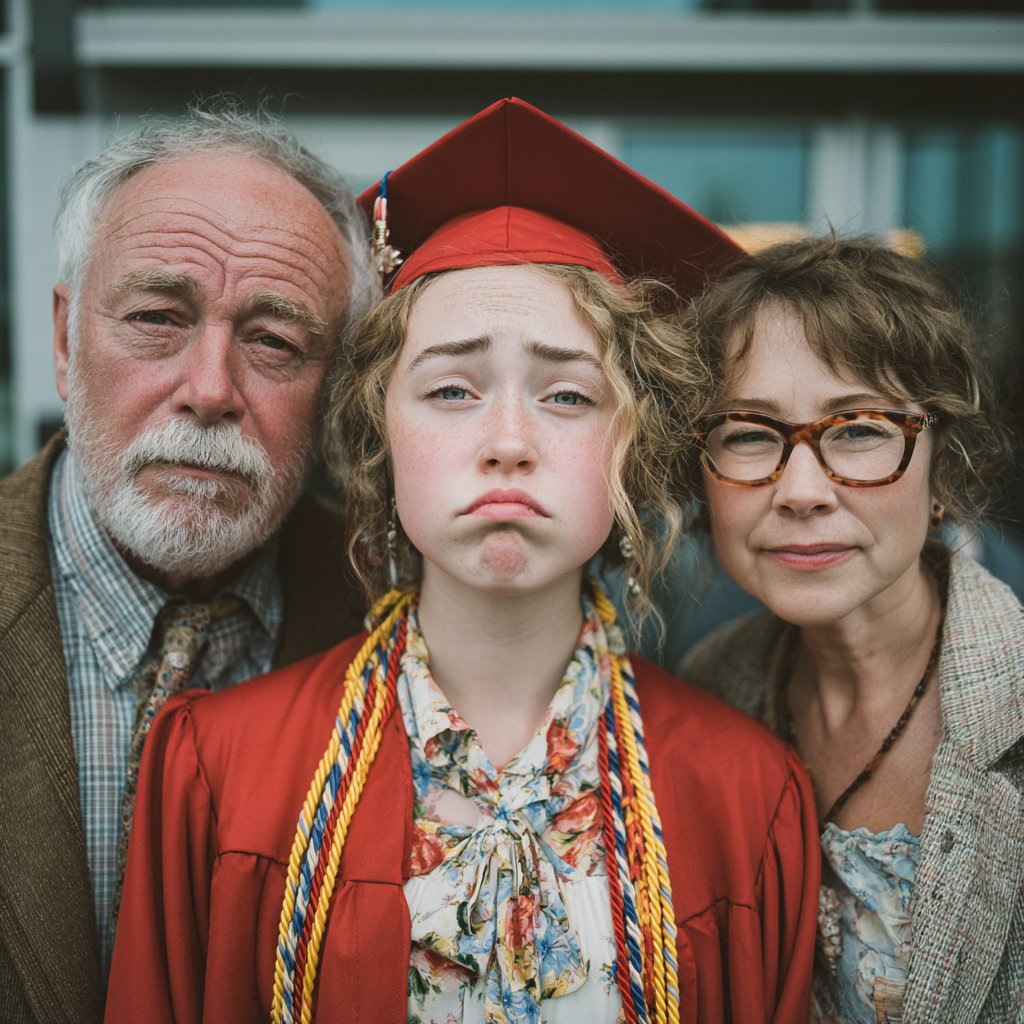 An unhappy graduate posing with a couple | Source: Midjourney