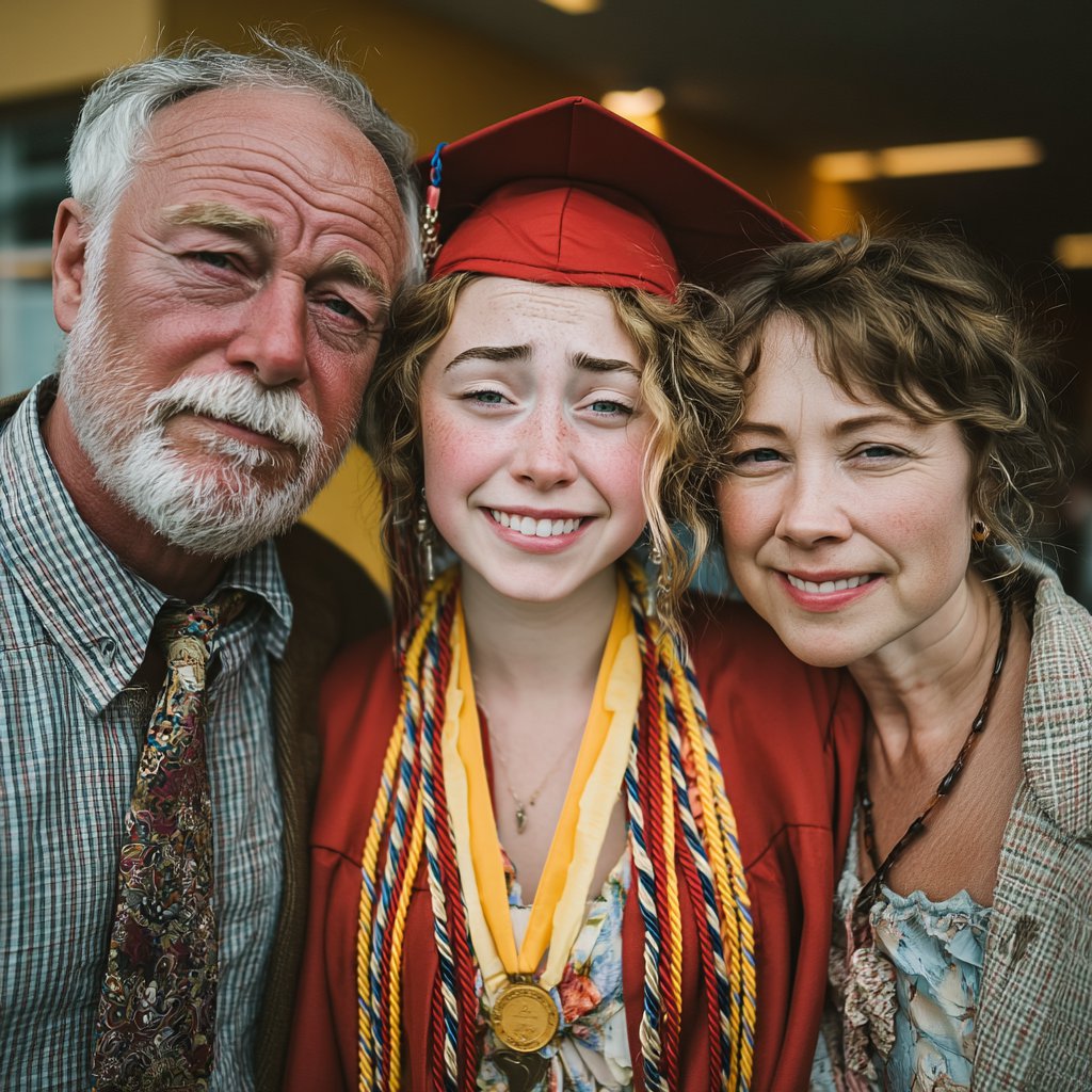 A miserable and annoyed graduate posing for photos with a couple | Source: Midjourney