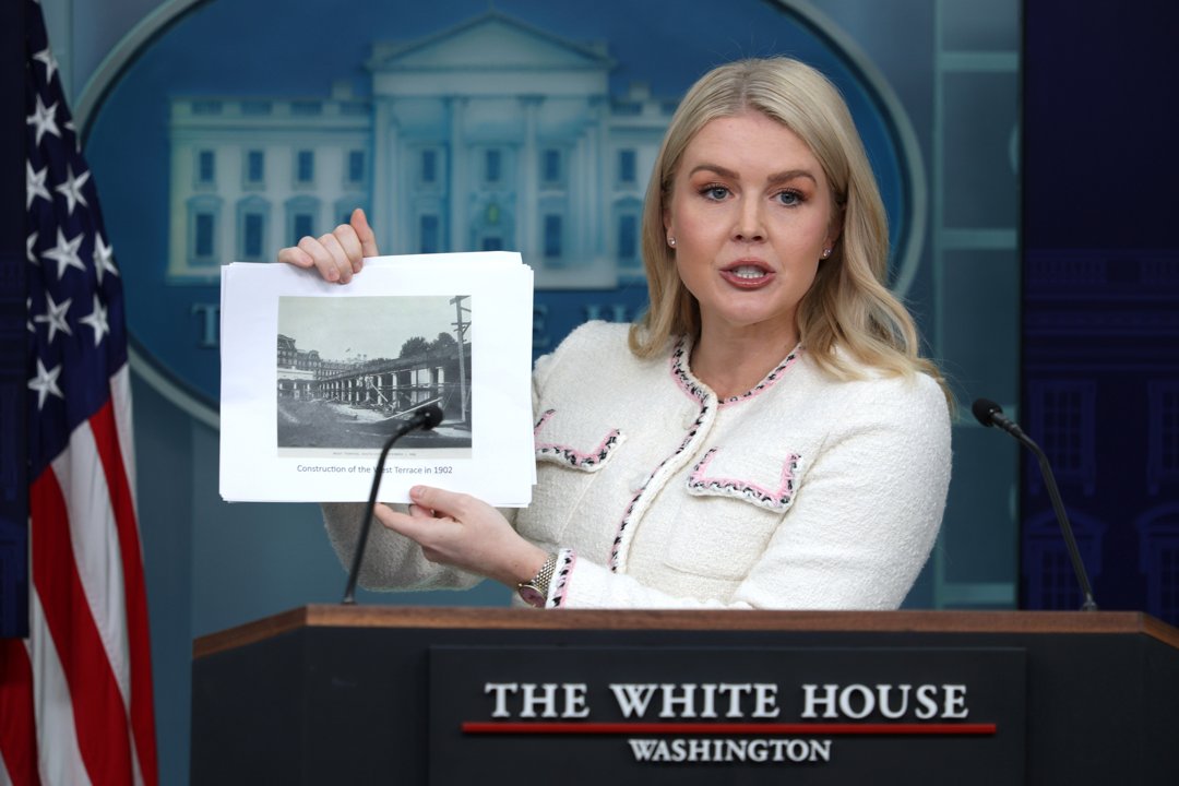 Karoline Leavitt during the daily news briefing at the James Brady Press Briefing Room in Washington, DC on October 23, 2025. | Source: Getty Images