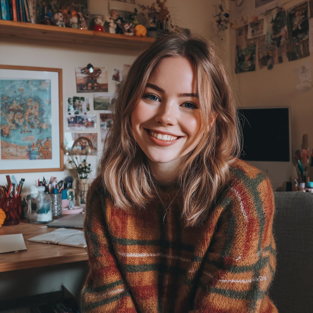 A smiling woman sitting at her desk | Source: Midjourney