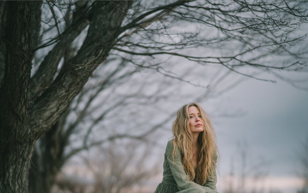An emotional woman sitting under a tree | Source: Midjourney