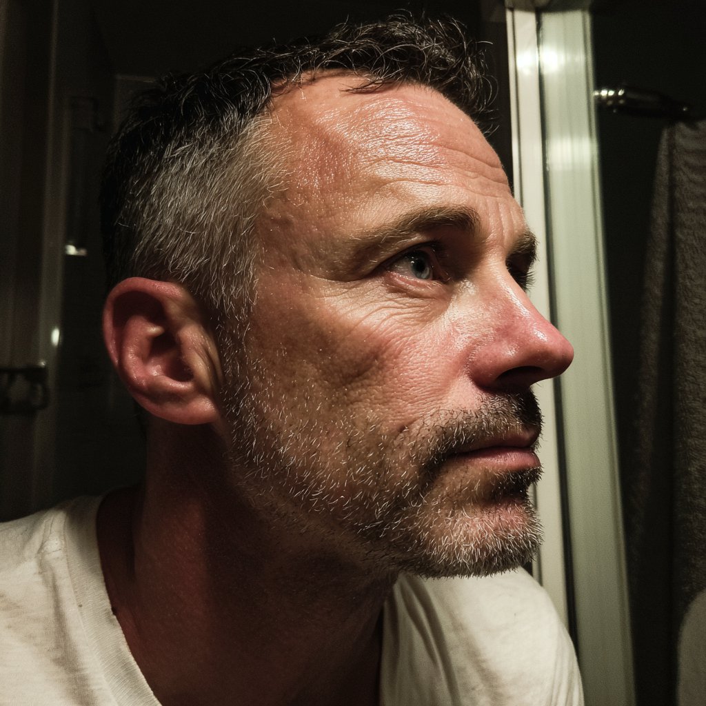 A pensive man standing in a bathroom | Source: Midjourney