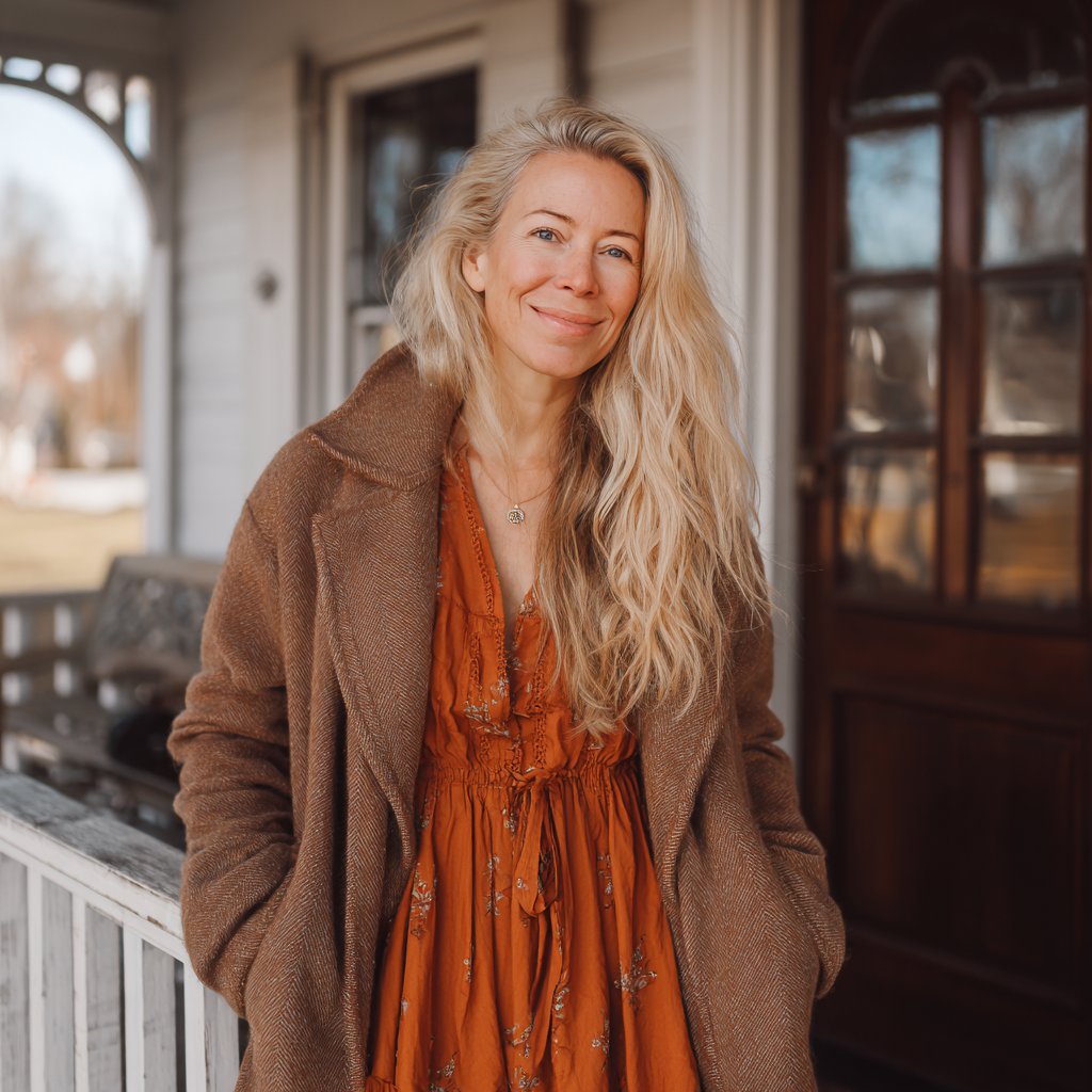 A smiling woman standing on a porch | Source: Midjourney