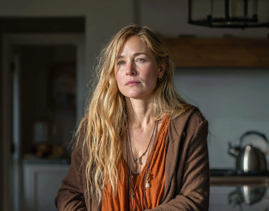 An emotional woman sitting in a kitchen | Source: Midjourney