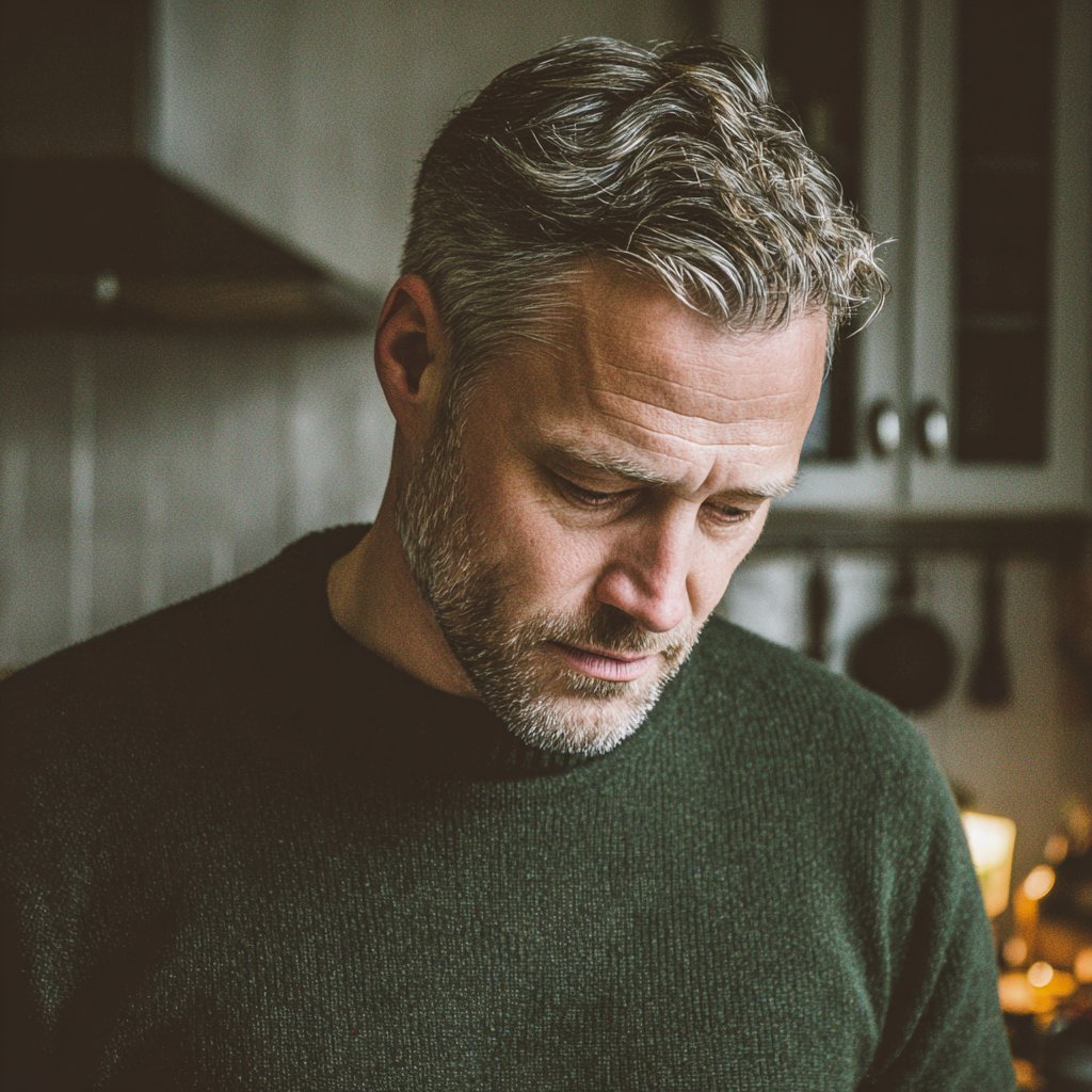 An emotional man wearing a green sweater | Source: Midjourney