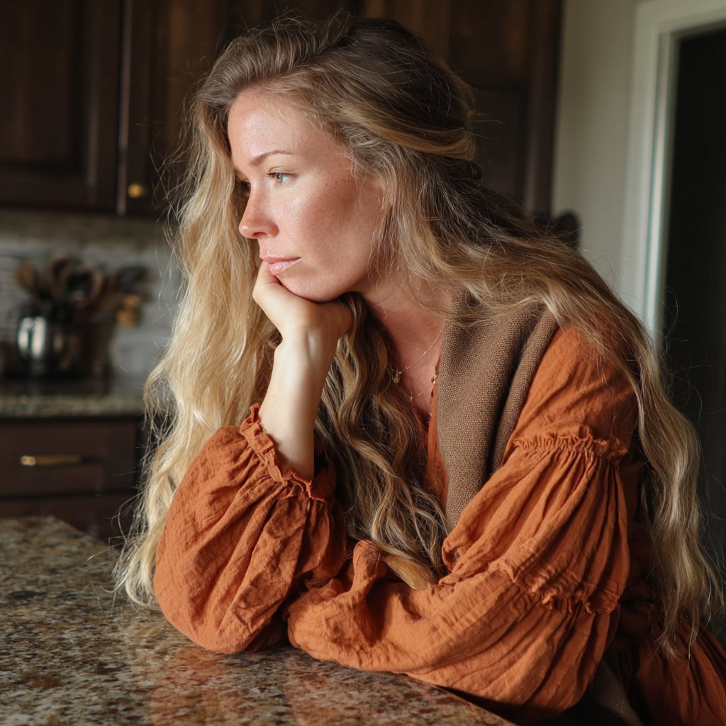 A woman sitting at a kitchen counter | Source: Midjourney