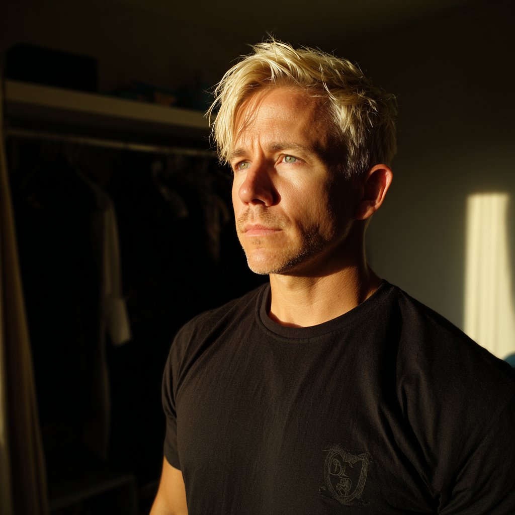 A pensive man wearing a black T-shirt | Source: Midjourney