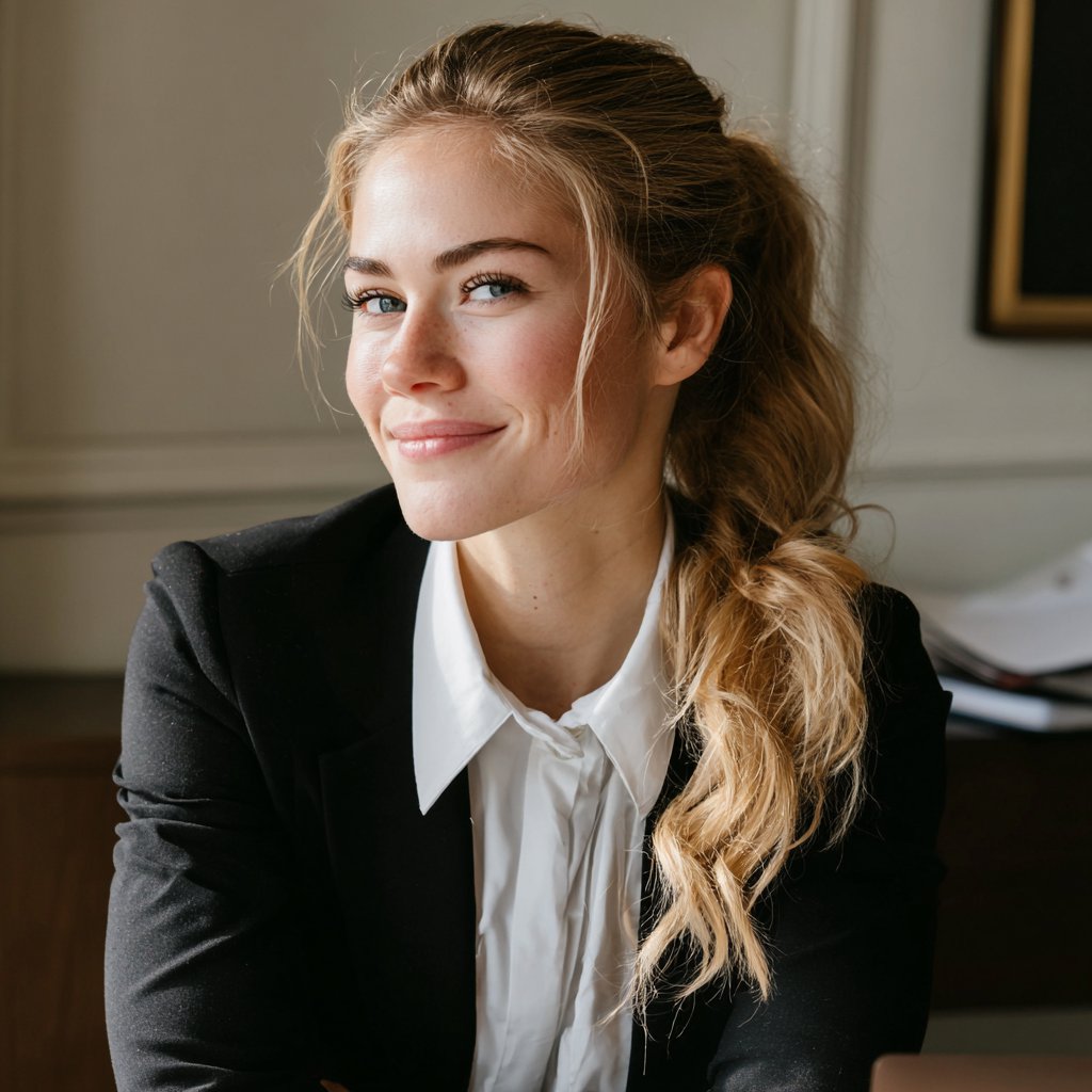 A smiling woman sitting at her desk | Source: Midjourney