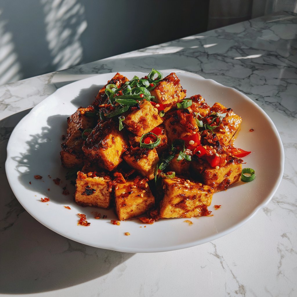 A plate of chili tofu | Source: Midjourney