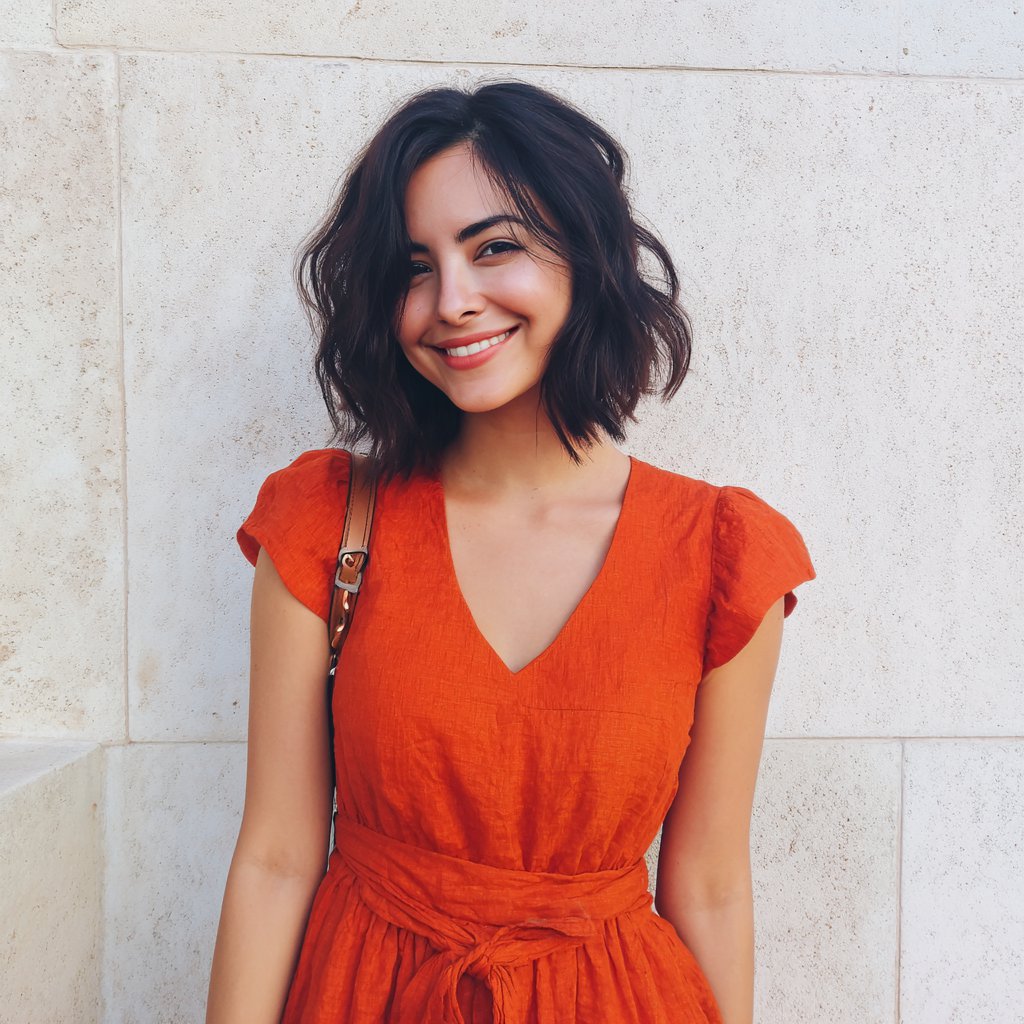 A smiling woman wearing an orange dress | Source: Midjourney
