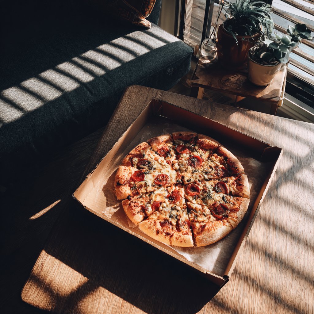 A box of pizza on a coffee table | Source: Midjourney