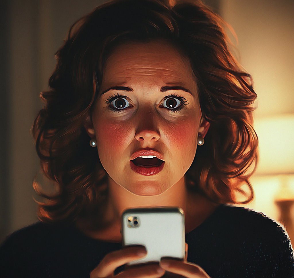 A shocked woman holding a phone | Source: Midjourney