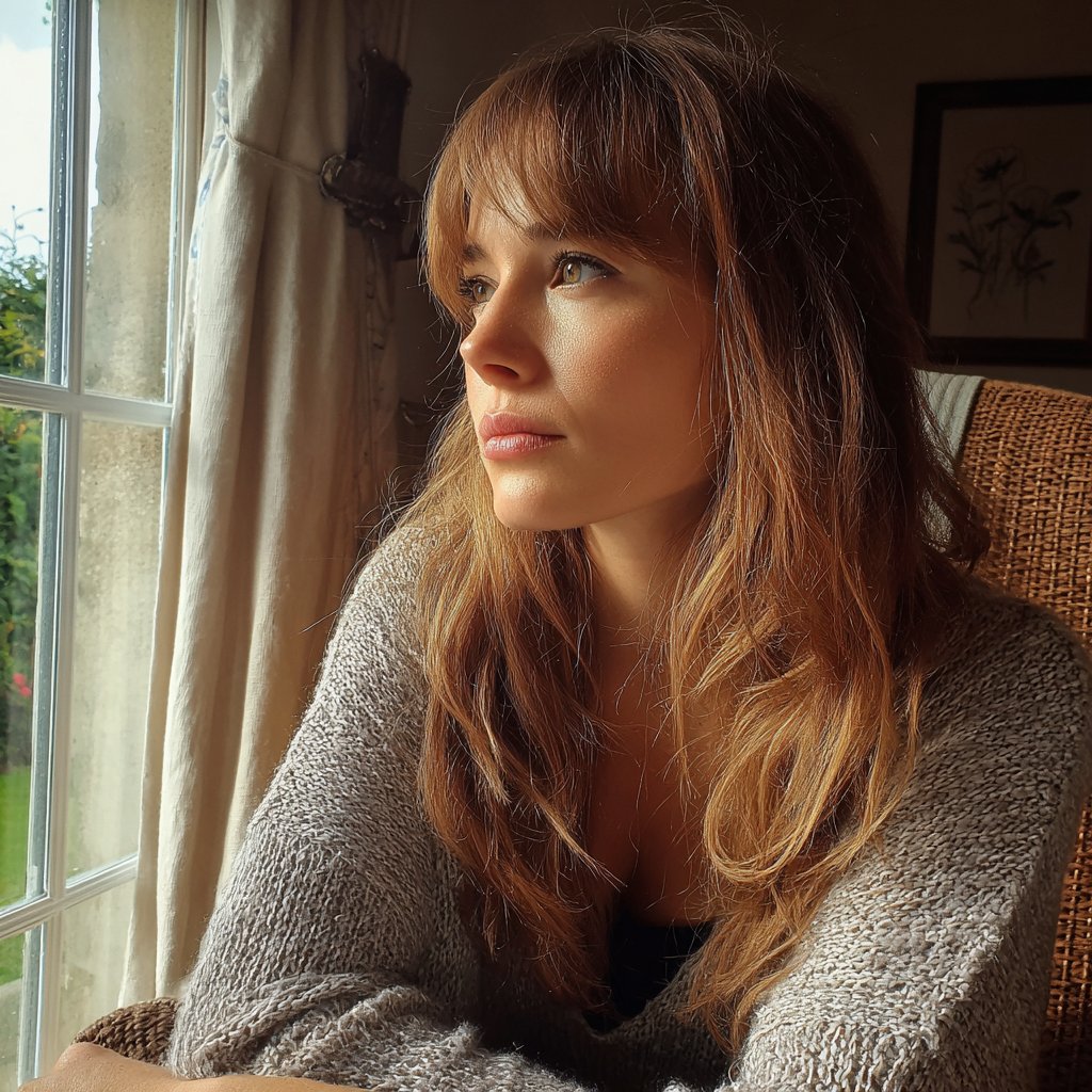 A woman sitting on an armchair and looking out a window | Source: Midjourney