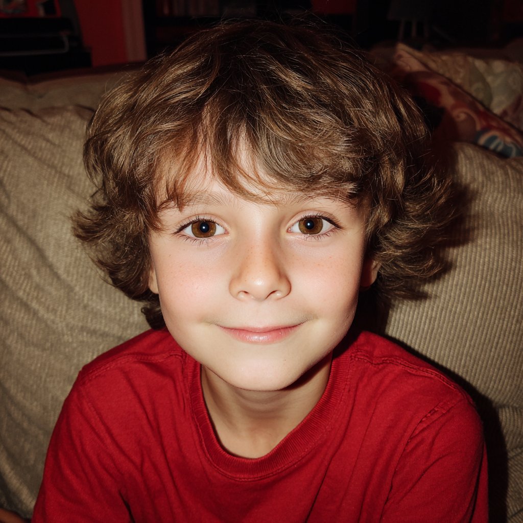 A smiling little boy sitting on a couch | Source: Midjourney