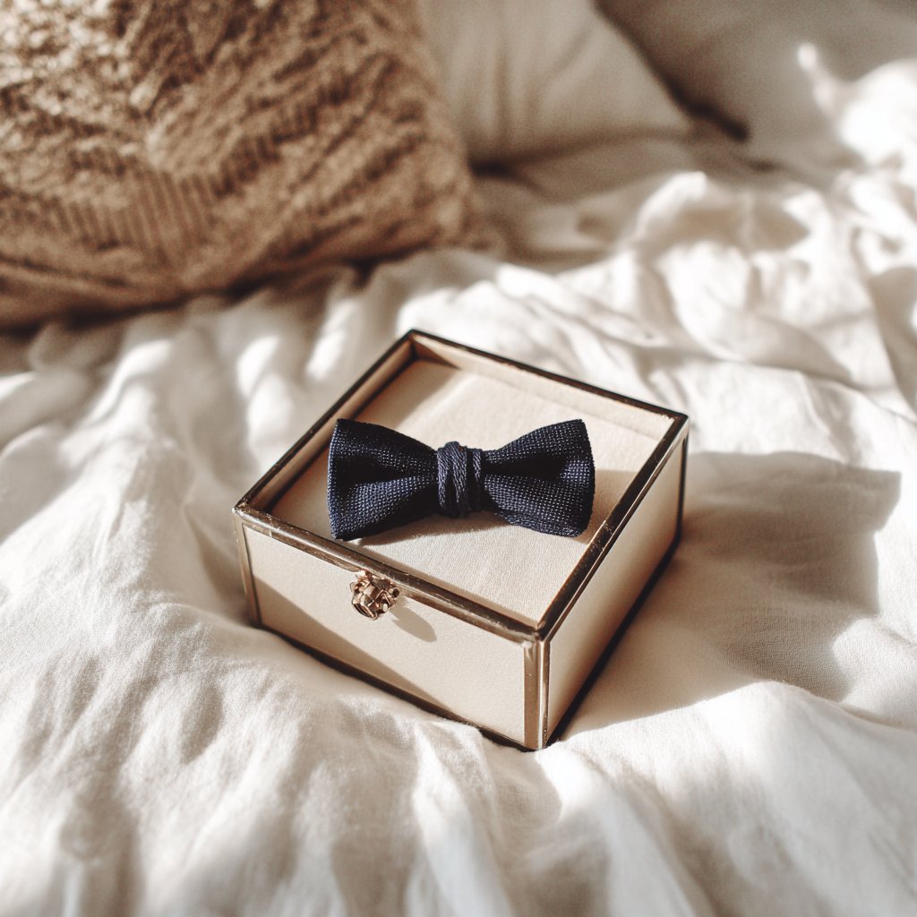 A navy bowtie in a box | Source: Midjourney