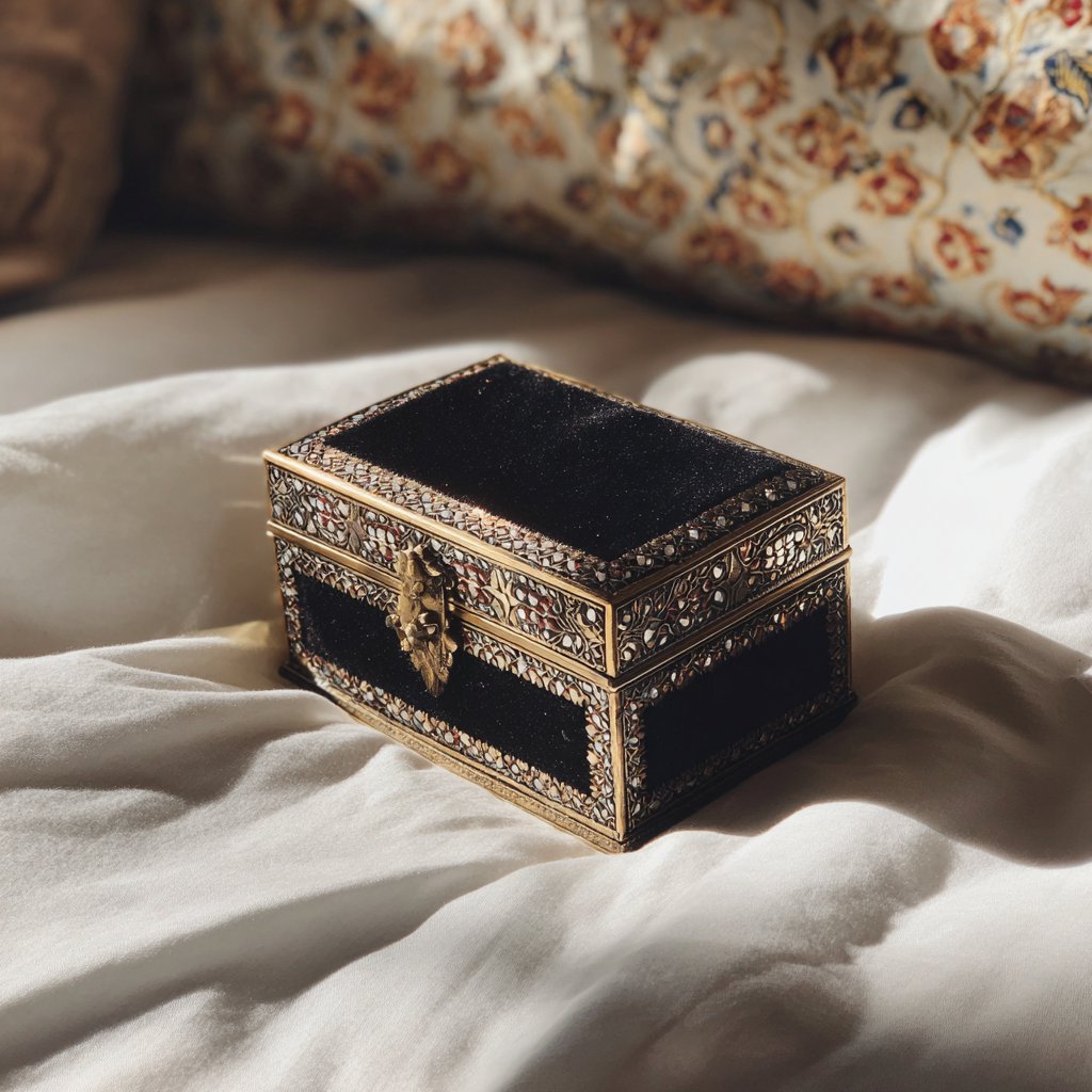 A velvet jewelry box on a bed | Source: Midjourney