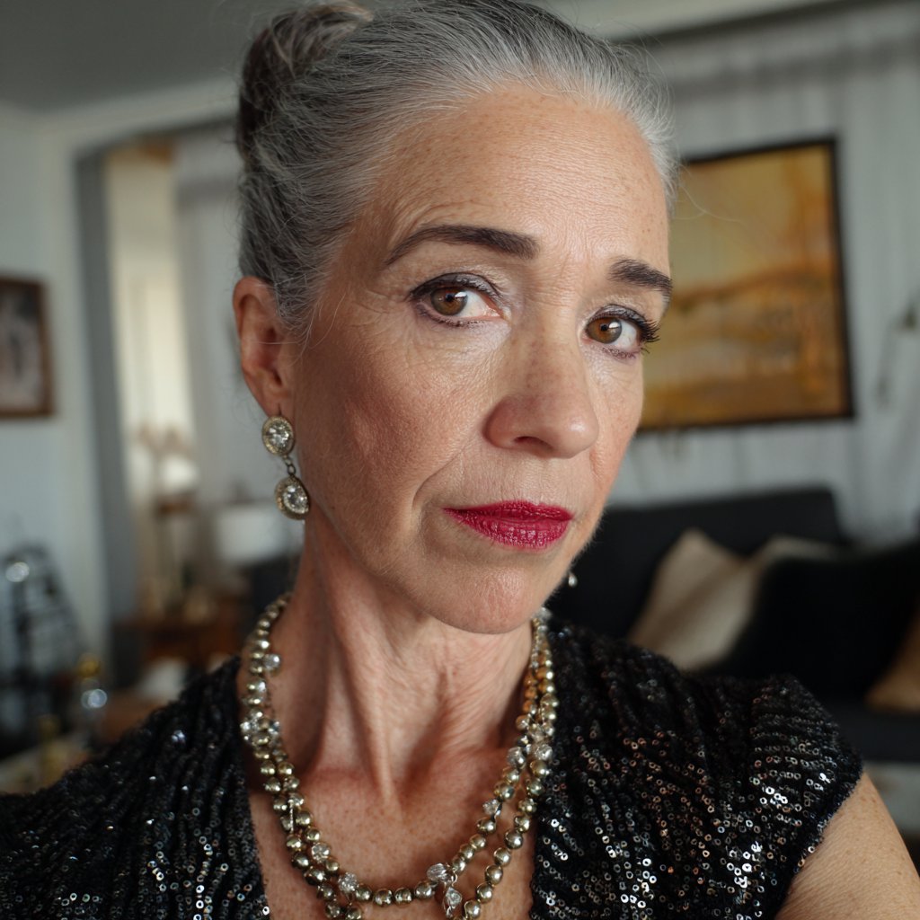 A close-up of an older woman in a black sequined dress | Source: Midjourney