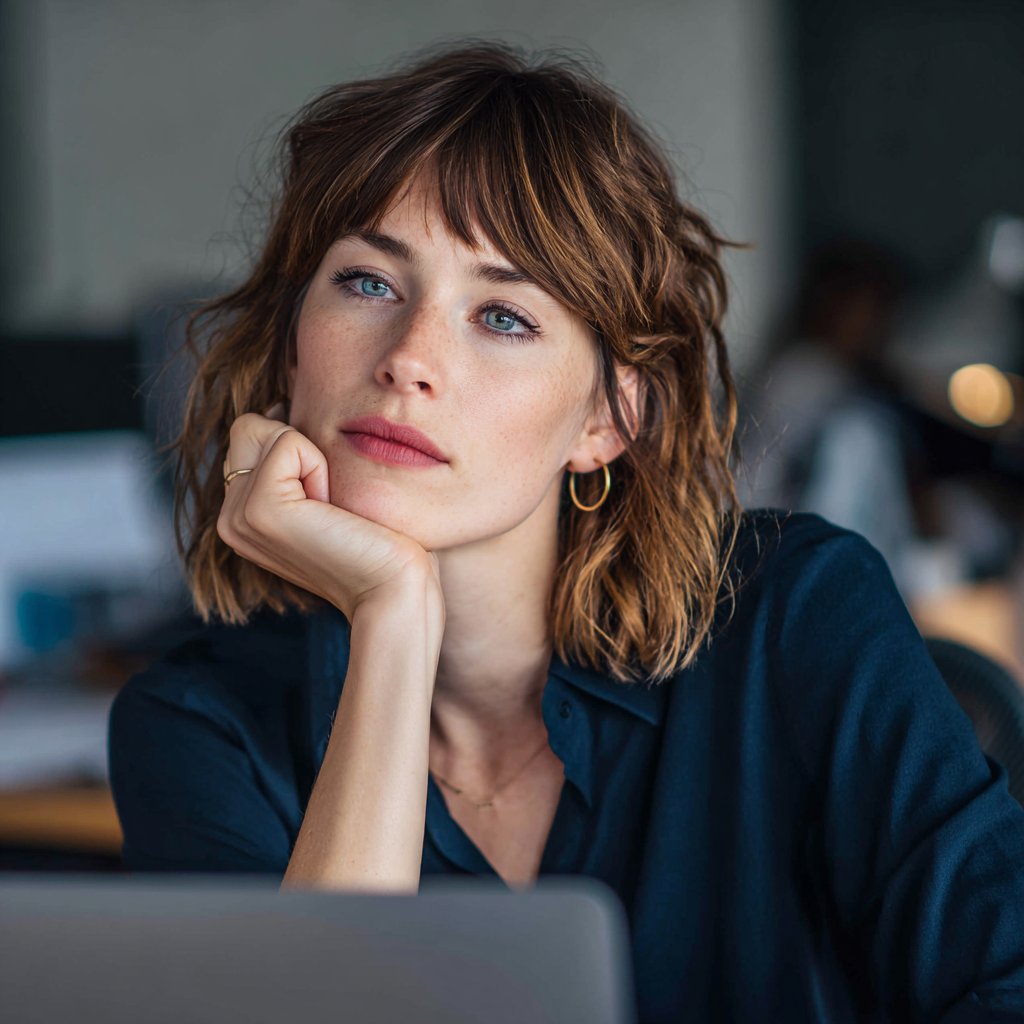 A woman sitting at her desk | Source: Midjourney