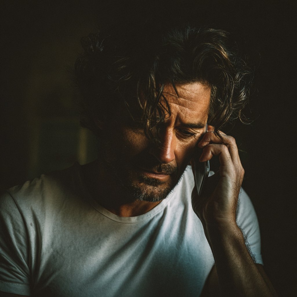 An emotional man wearing a white t-shirt | Source: Midjourney