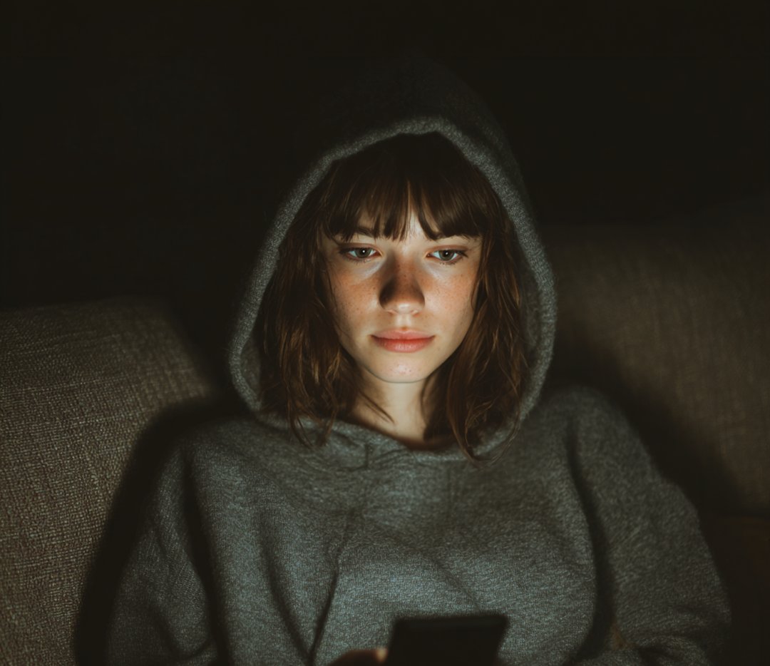 A woman using her phone in the dark | Source: Midjourney
