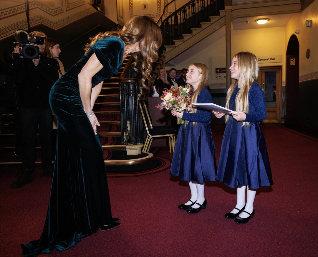 Catherine, Princess of Wales, meeting twins Emelia and Olivia Edwards at the Royal Variety Performance on November 19, 2025, in London, England. | Source: Getty Images