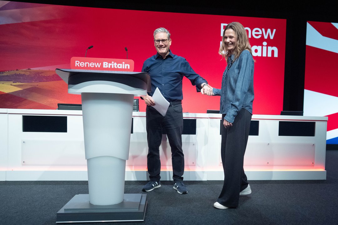 Sir Keir and Lady Victoria Starmer rehearsing his Labour Party conference keynote speech before he addresses delegates at the ACC in Liverpool on September 28, 2025. | Source: Getty Images