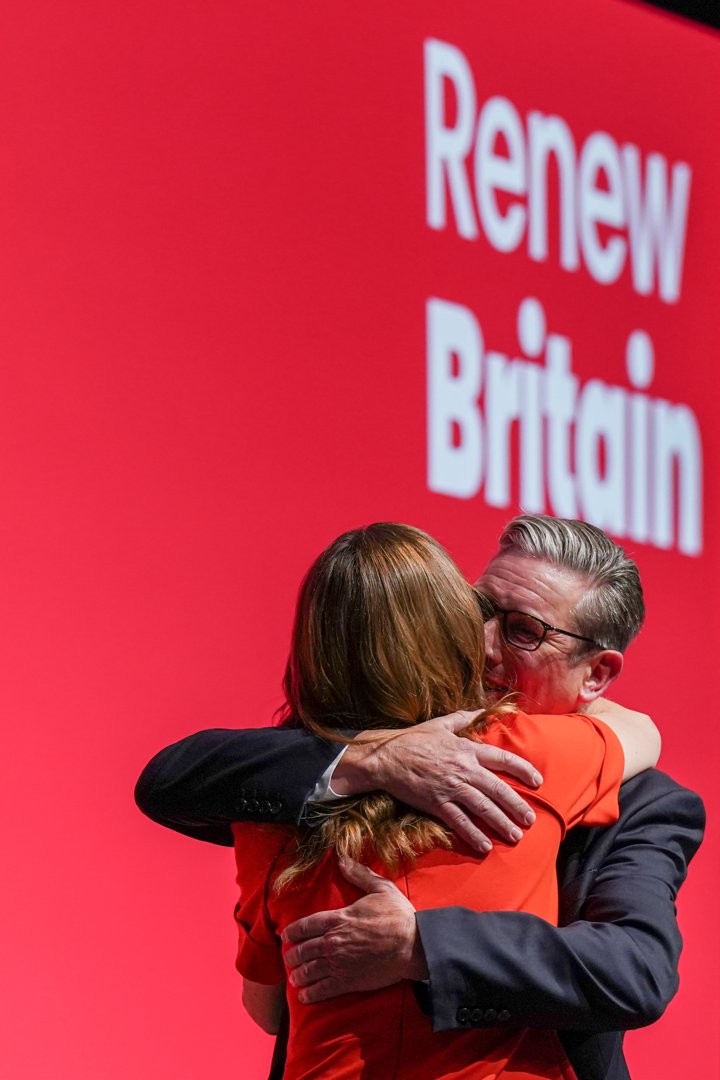 Lady Victoria and Prime Minister Keir Starmer stage after he delivered his speech during the Labour Party conference at ACC Liverpool on September 30, 2025, in England. | Source: Getty Images