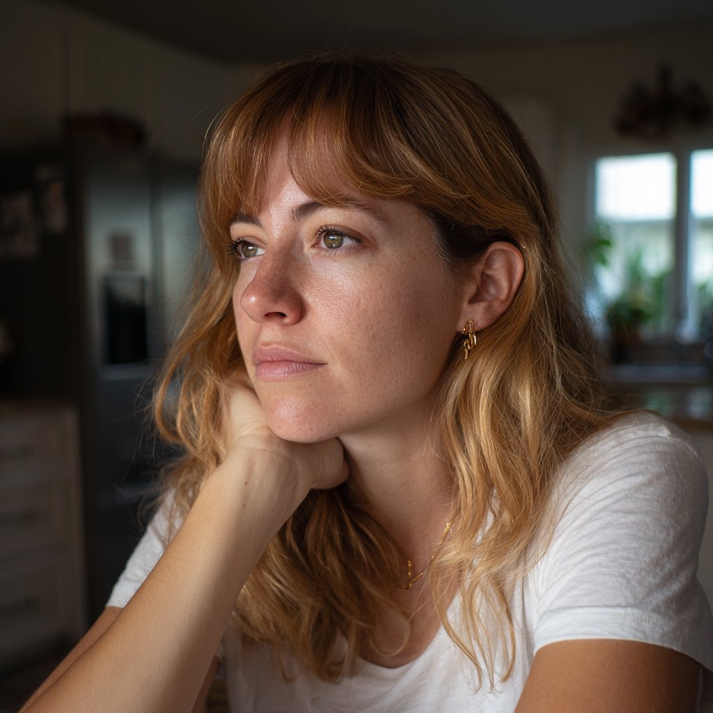 A worried woman wearing a white t-shirt | Source: Midjourney