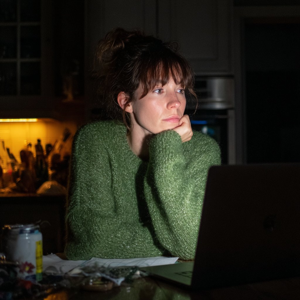 A woman sitting with her laptop at night | Source: Midjourney