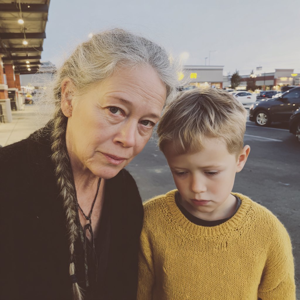 An older woman and a little boy standing in a parking lot | Source: Midjourney