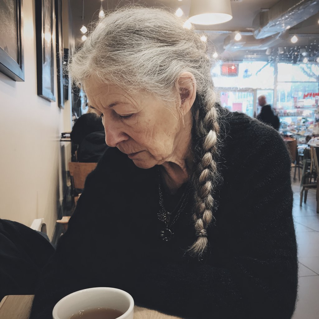 An older woman sitting at a table | Source: Midjourney