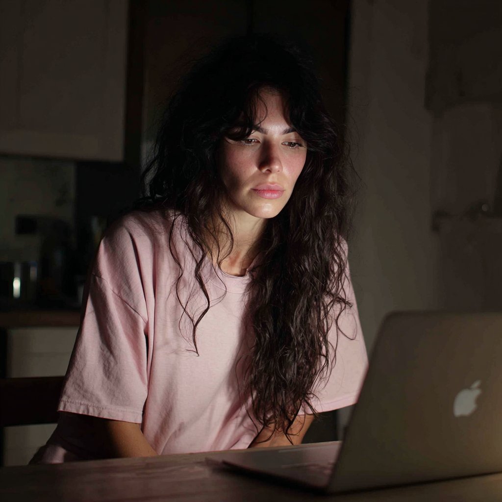 A woman using a laptop at night | Source: Midjourney